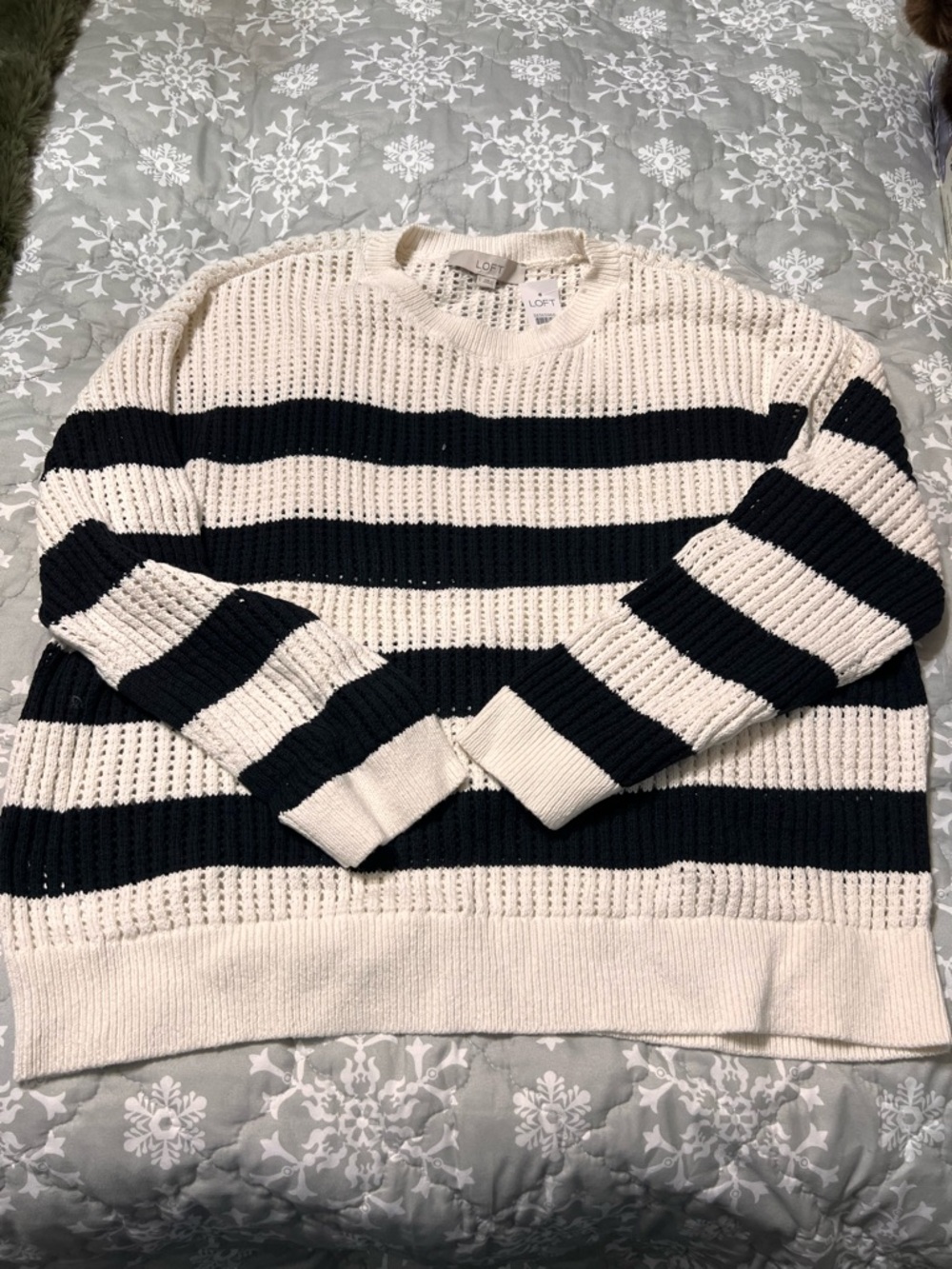 LOFT Cream and Black Open-Knit Striped Crewneck Sweater